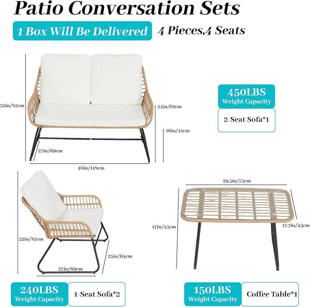 4 Pieces Outdoor Patio Furniture Set,Patio Conversation Set,Rattan Wicker Bistro Sets with Loveseat Chairs and