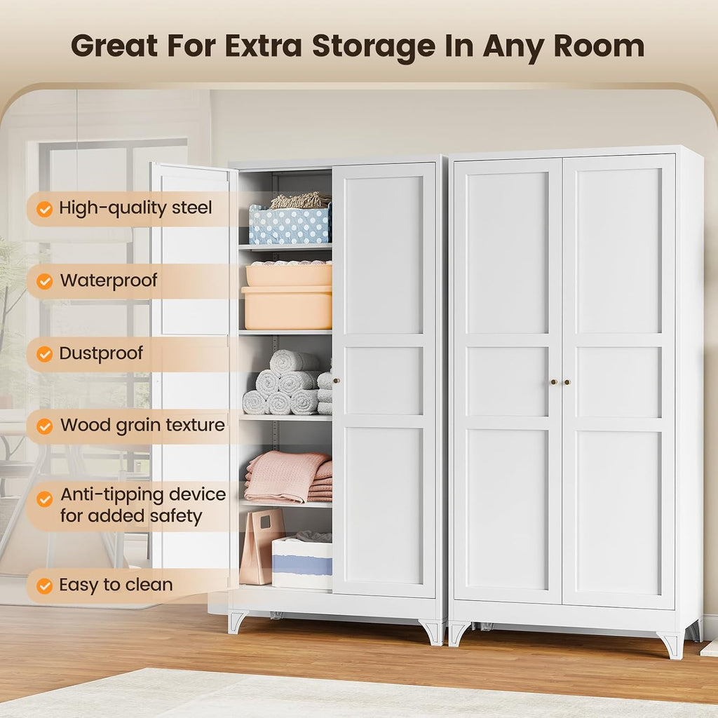 Metal Pantry Cabinet, 75" Kitchen Pantry with 2 Door and 4 Adjustable Shelves,White Metal Pantry Storage