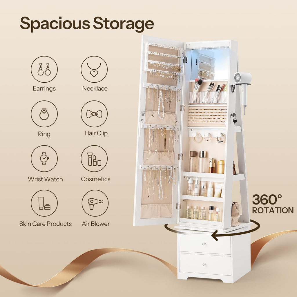 360° Swivel Jewelry Cabinet with LED Lights, Standing Jewelry Armoire with 2 Drawers, Rotatable Full-Length Mirror