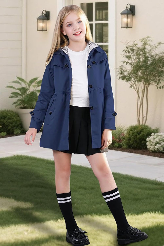 Girl's Single Breasted Trench Coat Hooded Dress Coat Outerwear