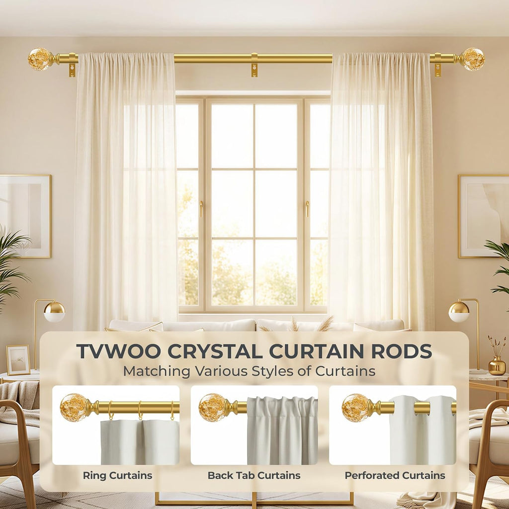 Gold Decorative Crystal Curtain Rods: Heavy Duty Adjustable Window Curtains Rods for Bedroom Living Room