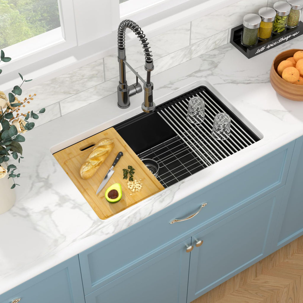 33 Granite Composite - 33 x 19 inch Black Undermount Granite Sink Ledge Workstation Matte Black Granite Composite