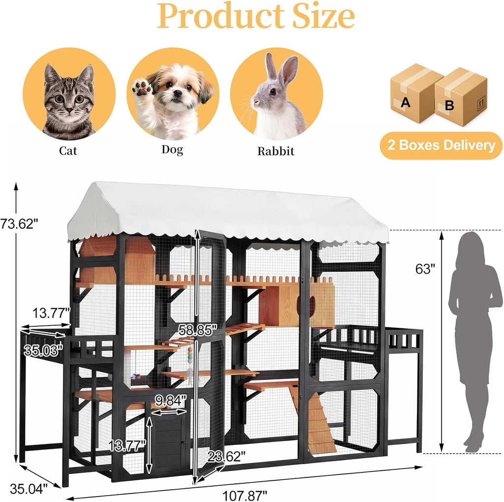 107" Large Outdoor Cat Enclosure with Plant Stands, Wooden Cat Patio with Ramps, Bridge, Outdoor Cat House, Sleeping