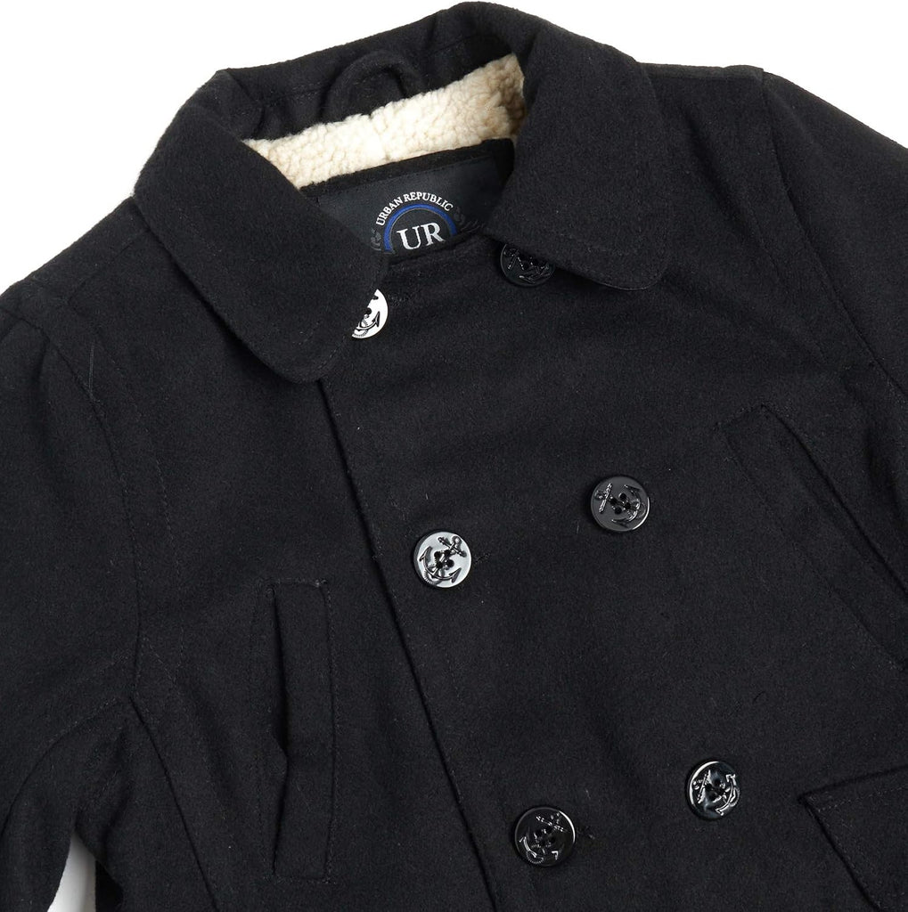 Boys Peacoats - Double Breasted Wool Blend Dress Coat with Faux Fur Lining & Flap Pockets