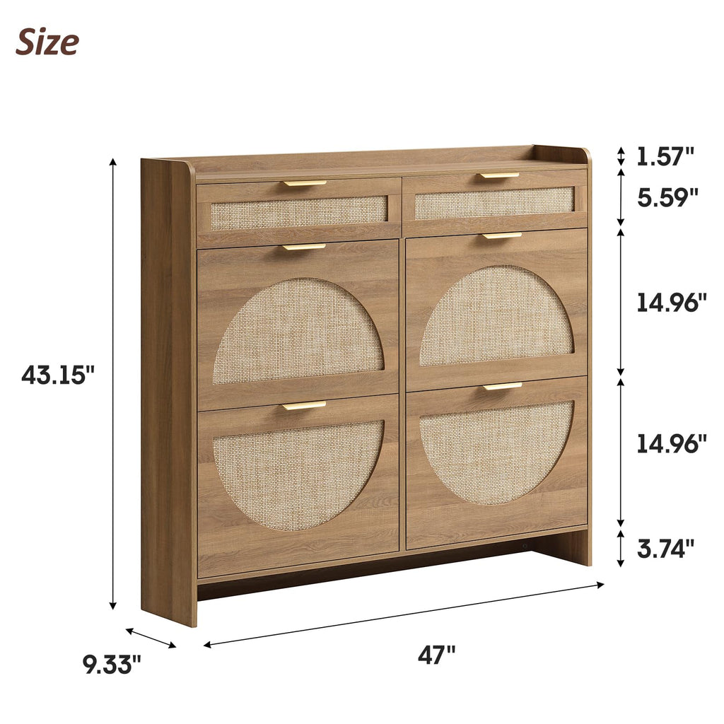 Rattan Shoe Storage Cabinet with 4 Flip Drawers & 2 Drawers, Freestanding Organizer for Front Door Entrance, Hidden