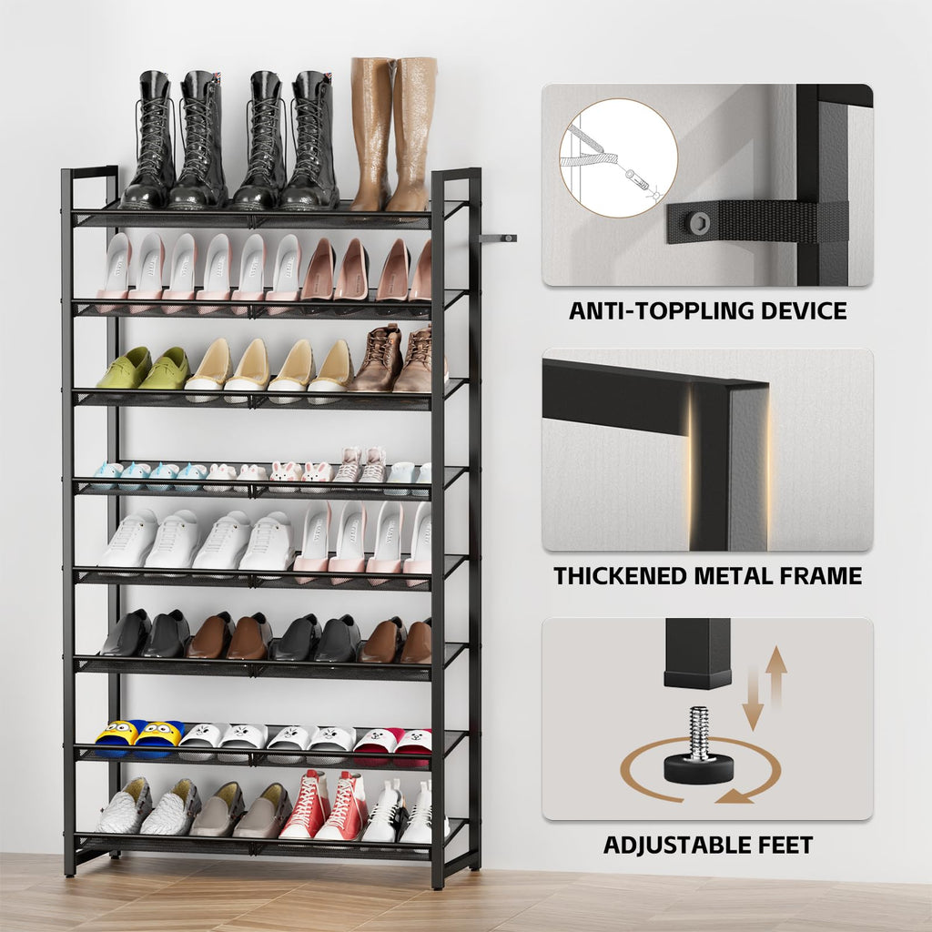 Shoe Rack, 8-Tier Metal Shoe Organizer, Tall Shoe Rack for Closet, entryway, Garage, with Adjustable Flat or Angled