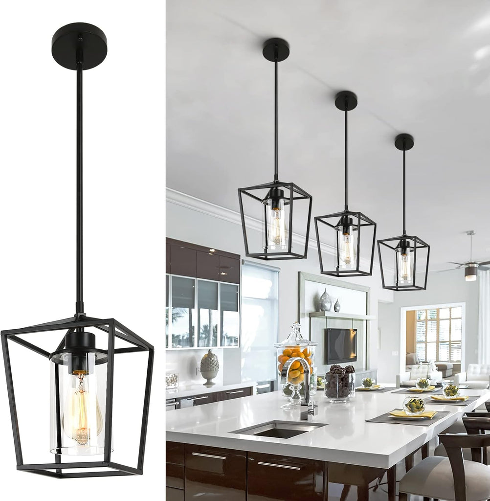 Black Pendant Lights Kitchen Island, 1-Light Farmhouse Kitchen Pendant Lighting Over Island, Metal Cage Island