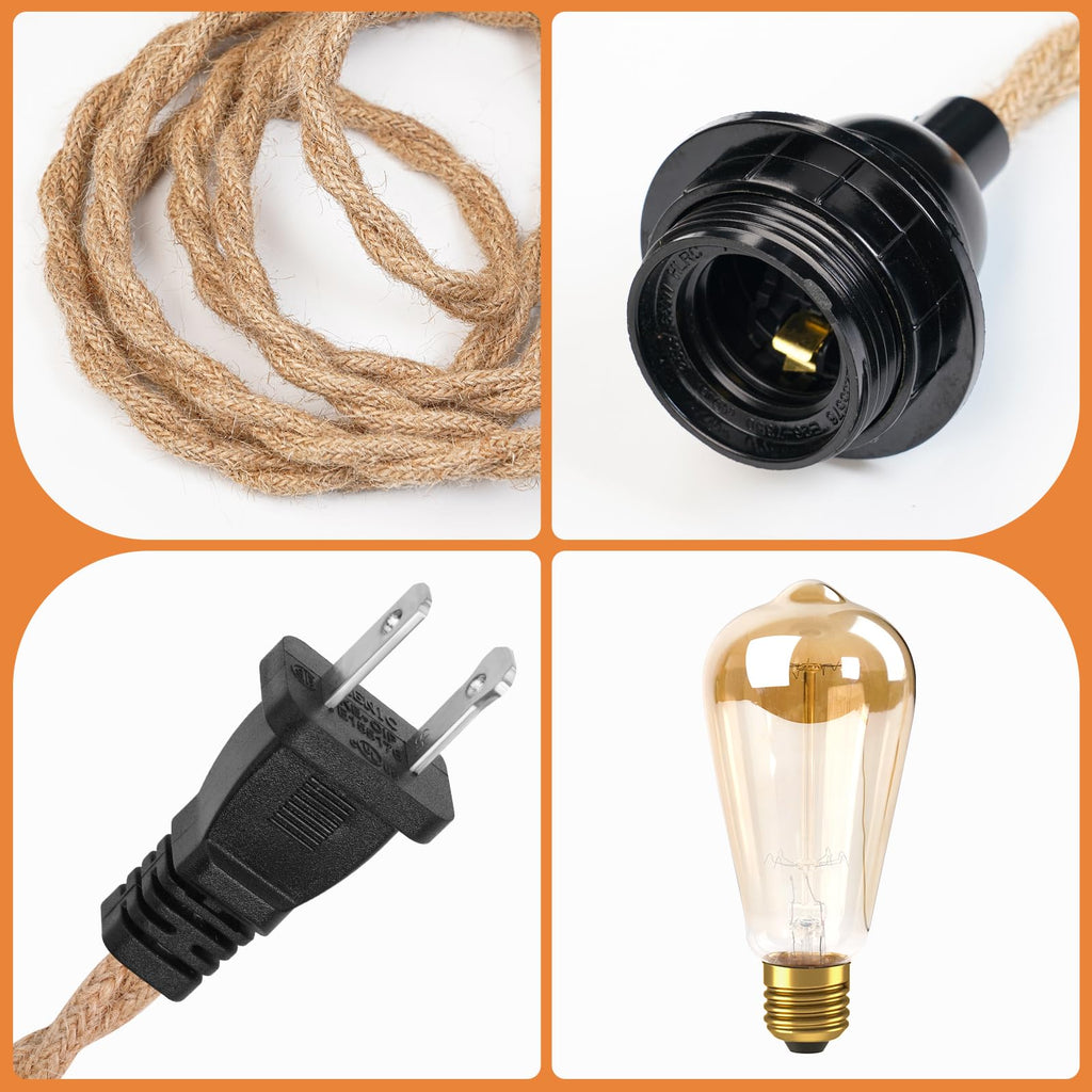 Plug in Pendant Light Rattan Hanging Lamp with 15 Ft Hemp Rope Cord