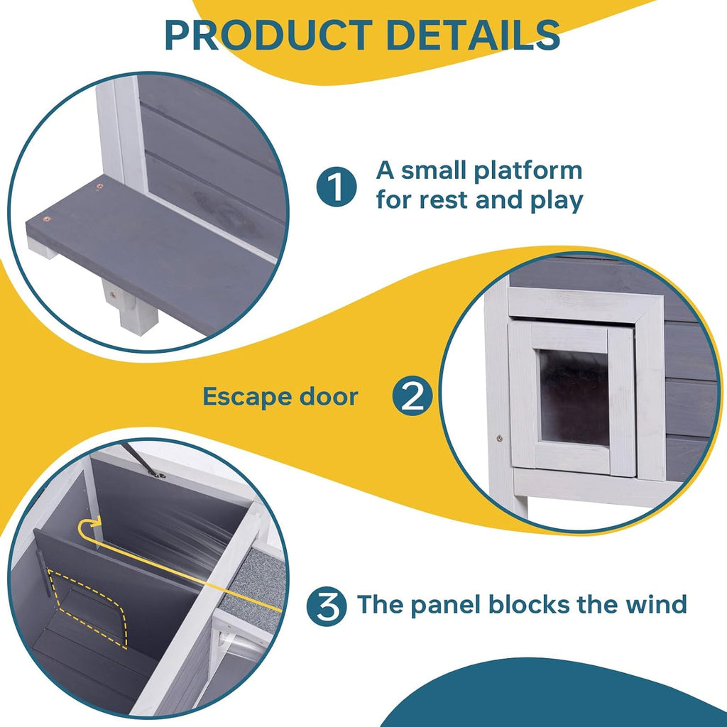 Outdoor Cat House, Weatherproof Shelter for Ferrel Cats, Dogs, Small Pets, Wooden Small Cage with Elevated Floor, PVC