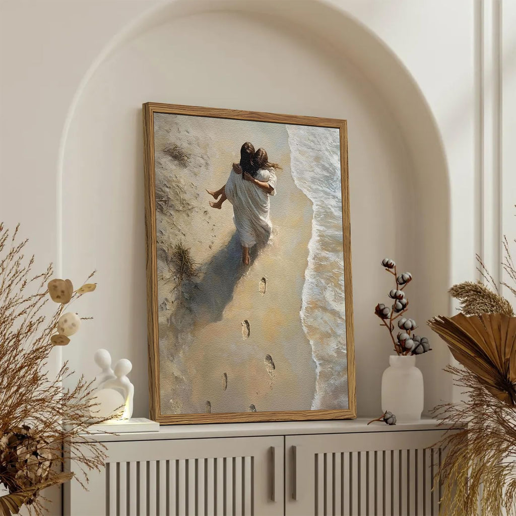 Jesus Hugging Woman Wall Art Jesus on the Beach Wall Decor 3D Textured Hand Drawn Sandstone Christian Decor Painting