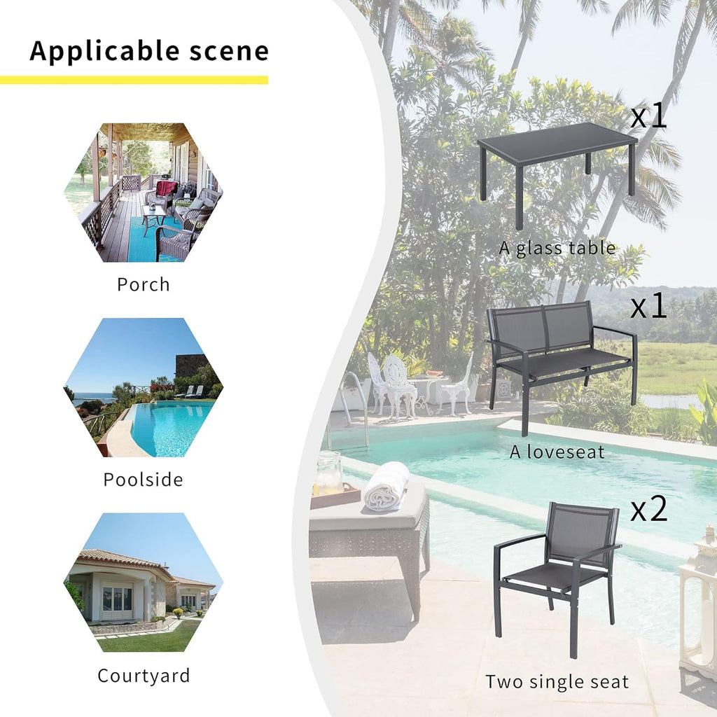 4 Pieces Patio Furniture Set All Weather Textile Fabric Outdoor Conversation Set, with Glass Coffee Table, Loveseat