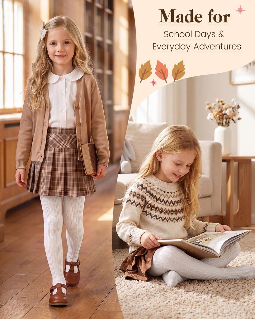 3 Pack Girls Cable Knit Cotton Warm Tights for Kids