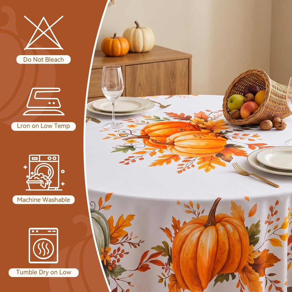 Fall Round Tablecloth, 70 Inch Thanksgiving Orange Pumpkin Farmhouse Decor