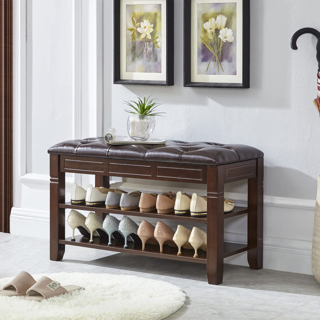 Shoe Bench, Storage Rack Organizer with Cushion 2 Tier Lift Top Shoe Rack Living Room Bedroom Hallway Wooden