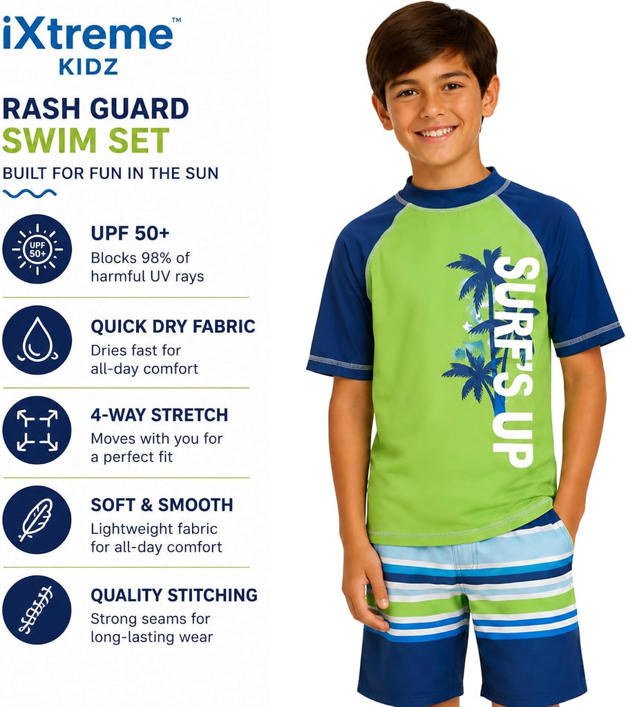 Boys Piece Rash Guard Swim Set Short Sleeve Shirt & Trunks