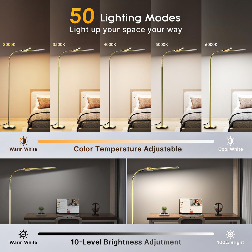 LED Floor Lamp, 18W Bright Reading Floor Lamp, Gesture & Remote Control, Dual Head Gooseneck Standing Lamp