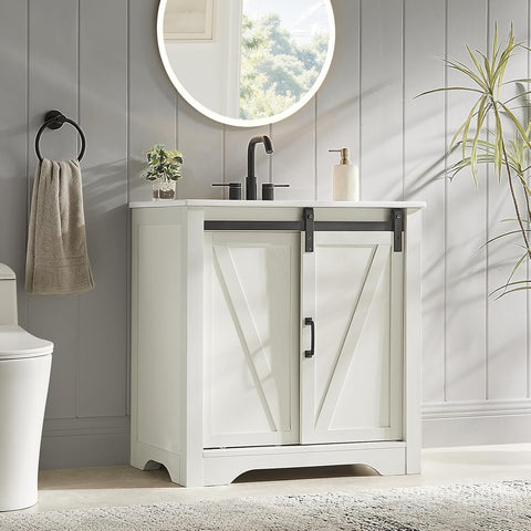30-Inch Farmhouse Bathroom Vanity with Sink – Freestanding Single Sink Cabinet with Sliding Barn Door, Adjustable Shelf & Metal Handle, White