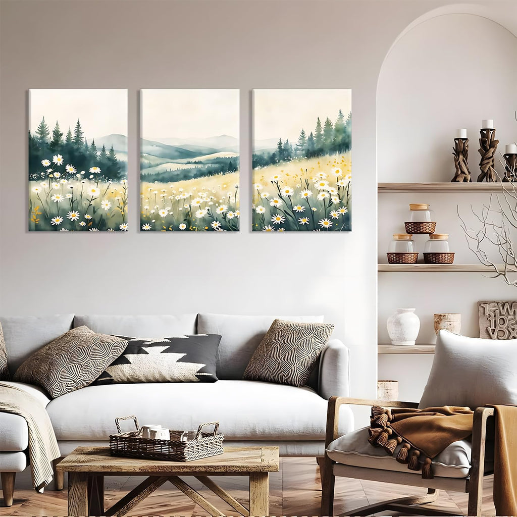 Boho Mountain Flower Wall Art Landscape Green Daisy Canvas Wall Decor Abstract Wildflower Art Prints Farmhouse
