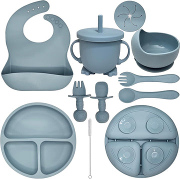 Baby Led Weaning Supplies | 10 Piece Silicone Baby Feeding Set | Baby Toddler Bib Cup Divided Plate and Bowl Self