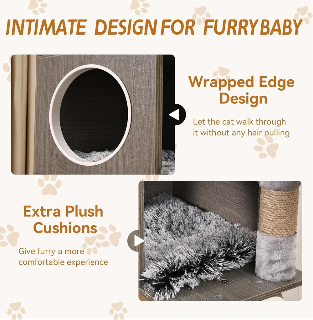 Cat Litter Box Enclosure with Cat Tree Tower and Condo, Hidden Cat Washroom Furniture with Sisal Scratching Post
