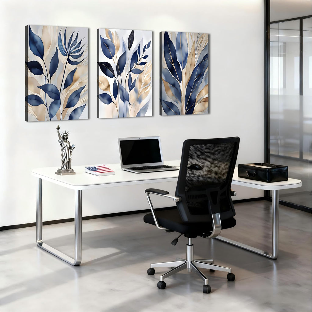 Blue and Gold Botanical Set of 3 Canvas Wall Art, Elegant Leaf Prints Pictures, Large Modern Neutral Paintings