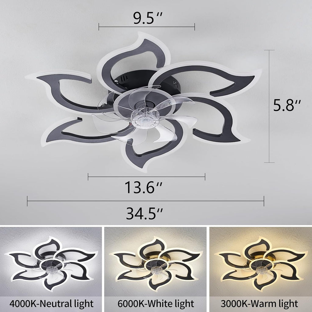 35" Black Modern Ceiling Fan with Light Remote Control, 3 Light Color 6 Speeds Samll Low Profile Ceiling Fan