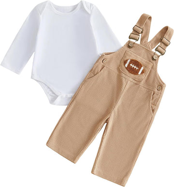 Baby Boy Football Corduroy Overalls Set Long Sleeve Bodysuit Infant Outfit