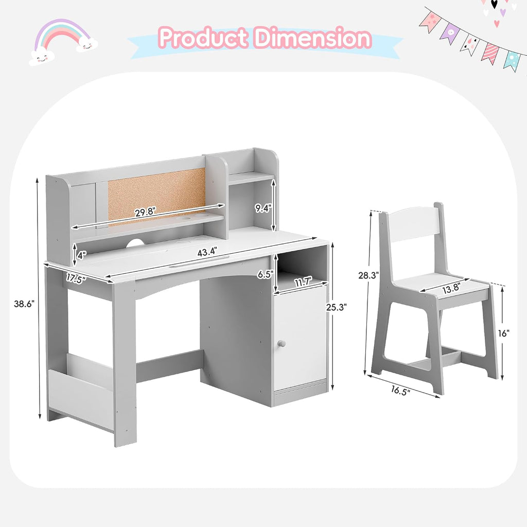 Kids Desk and Chair Set, Wooden Desk for Kids with Tiltable Desktop & Hutch, Kid Desk with Storage Cabinet, Study