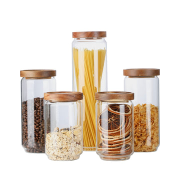Glass Storage Jars with Wood Lid [Set of 5], Airtight Food Containers Stackable for Coffee Beans| Nuts| Pasta