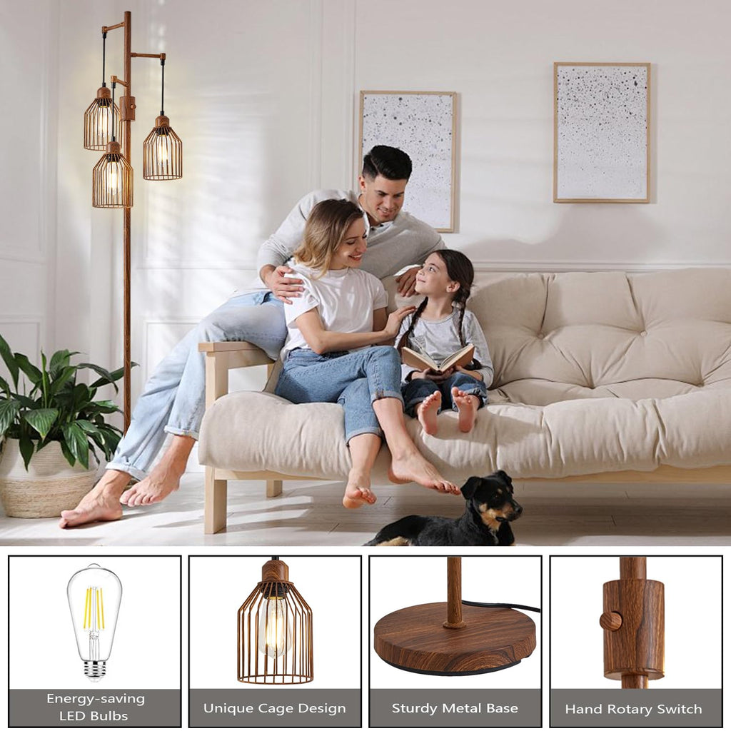 Dimmable Industrial Floor Lamp with 3 Cage Heads, Wood Grain Tree Standing Lamp with Stepless Dimming, Modern
