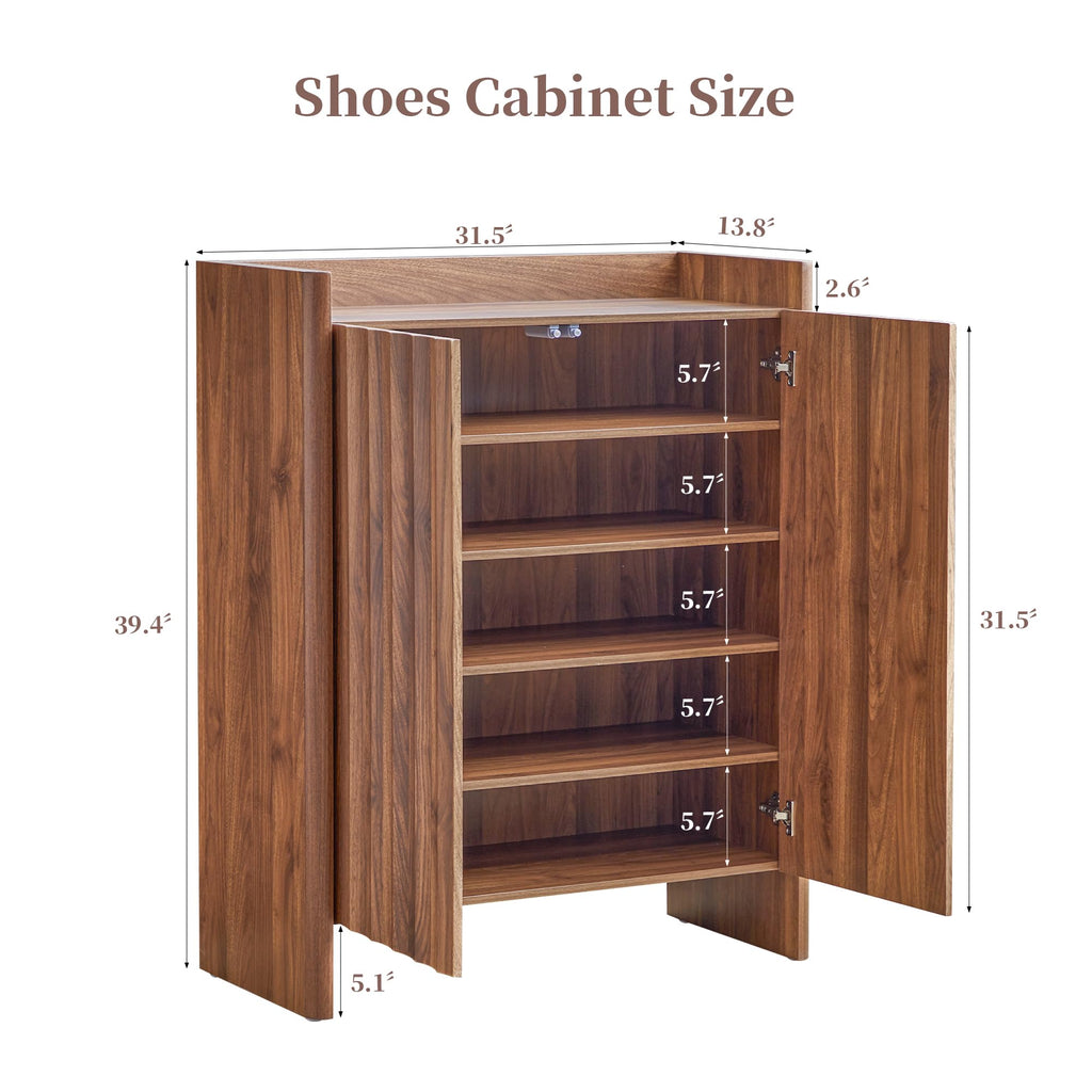 5-Tier Fluted Shoe Cabinet with Doors, Walnut