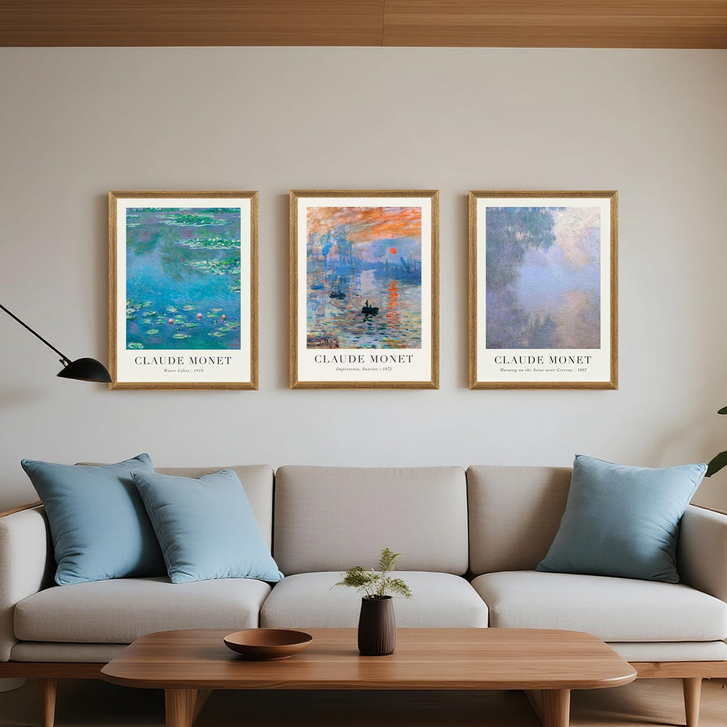 Triptych Framed Claude Monet Water Lilies Canvas Wall Art 16x24 in