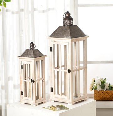 Large Rustic Wooden Decorative Lantern Set of 2, Modern Farmhouse Distressed Whitewash Floor Candle Lanterns
