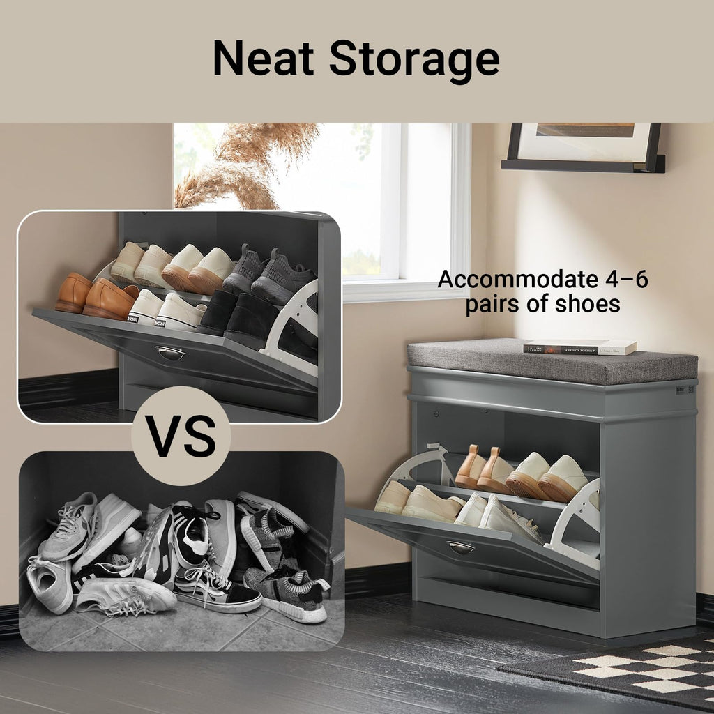 Grey Hallway Shoe Bench, Narrow Shoe Rack with Adjustable Shelf, Small Shoe Cabinet with 1 Flip-Drawer and Seat