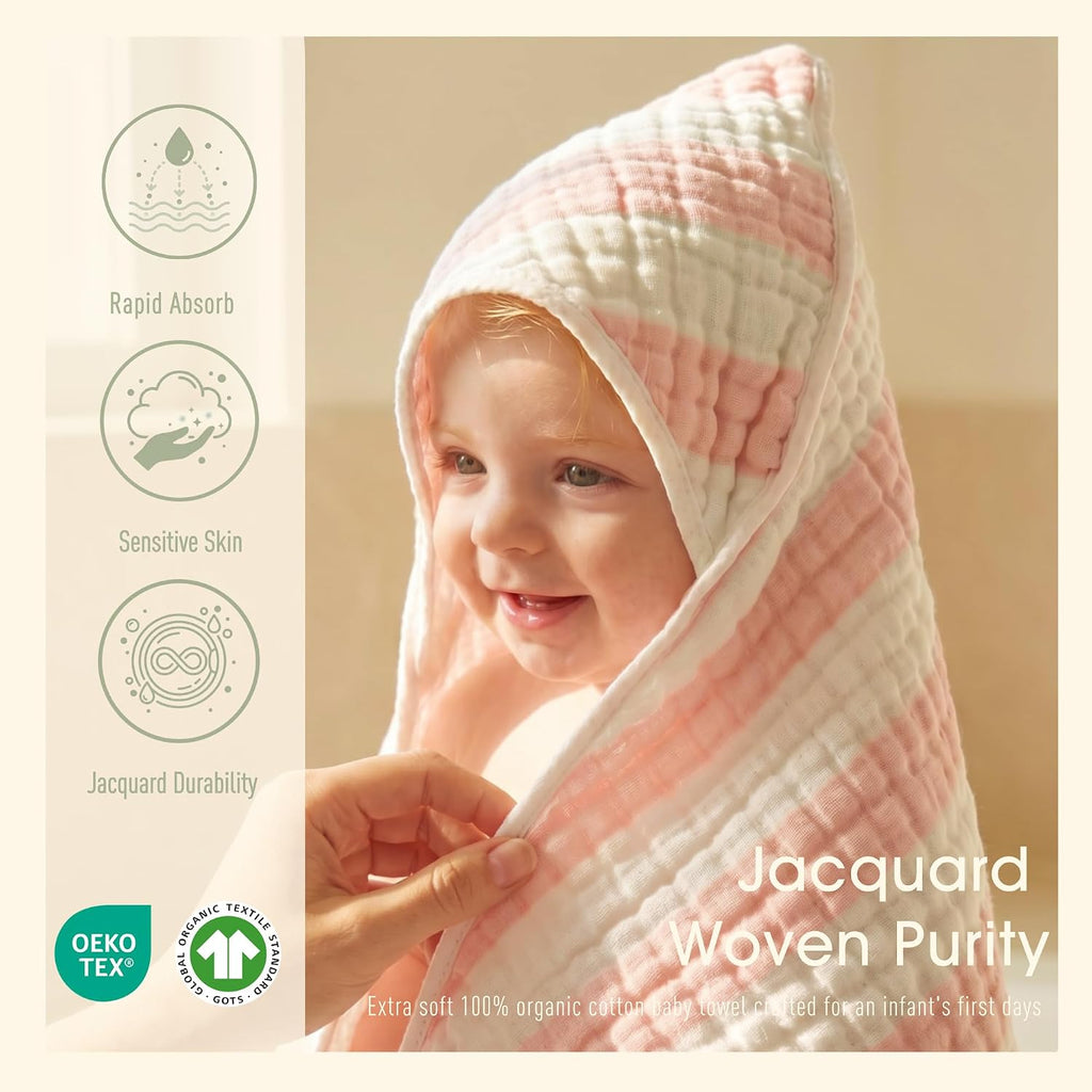 Organic Muslin Hooded Baby Bath Towel 4pc for Newborn - Pink Stripe