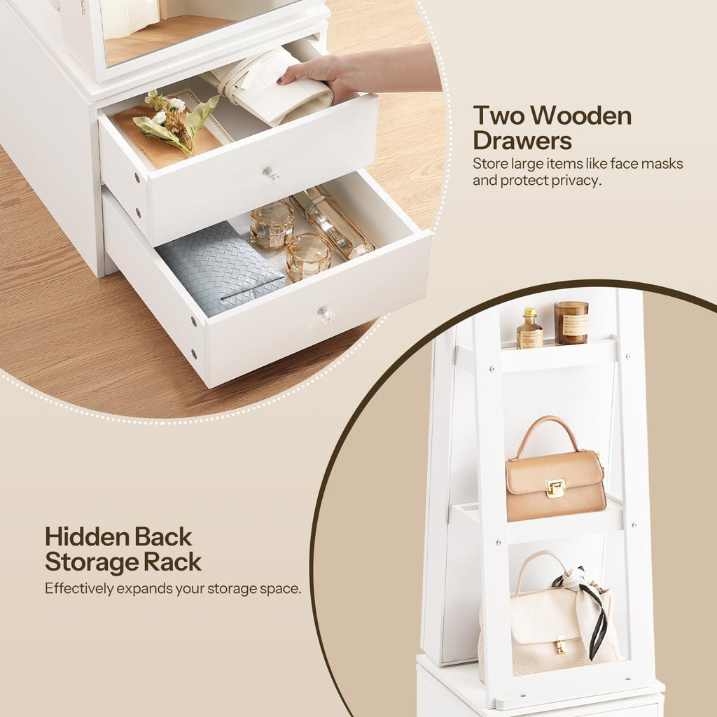 360° Swivel Jewelry Cabinet with LED Lights, Standing Jewelry Armoire with 2 Drawers, Rotatable Full-Length Mirror
