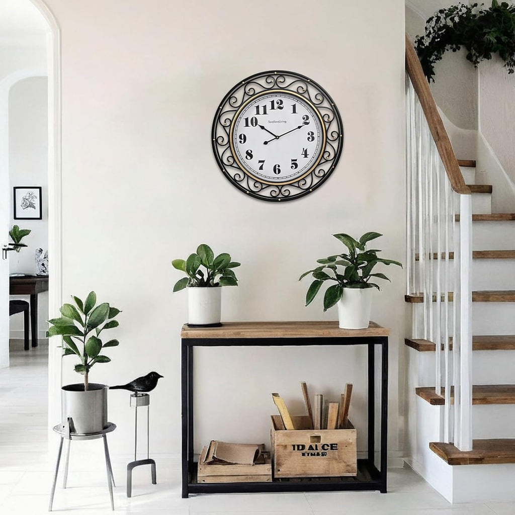 24 Inch Vintage Iron Metal Frame Wall Clock Silent, Battery Operated, Elegant Retro Decor