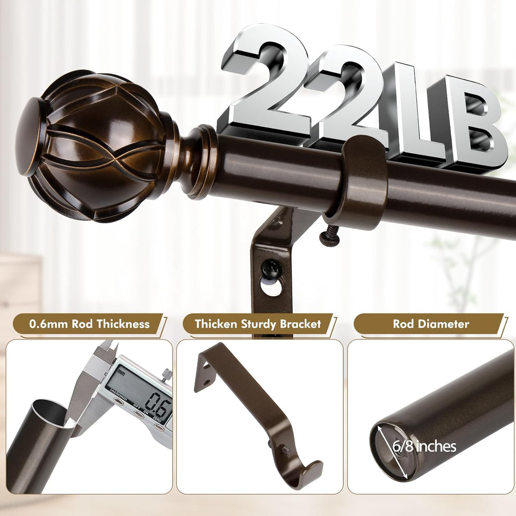 Curtain Rods for Windows 2 Pack, Bronze| 6/8" Diameter, 22lbs Weight Capacity, Decorative Adjustable
