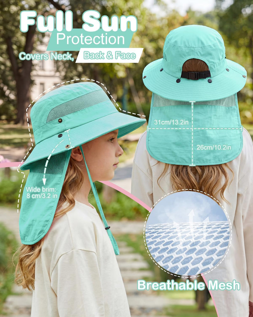 Kids Sun Hat with Ponytail Hole & Detachable Neck Flap UPF50+ Quick Dry Girls Bucket Hat for Outdoor Beach