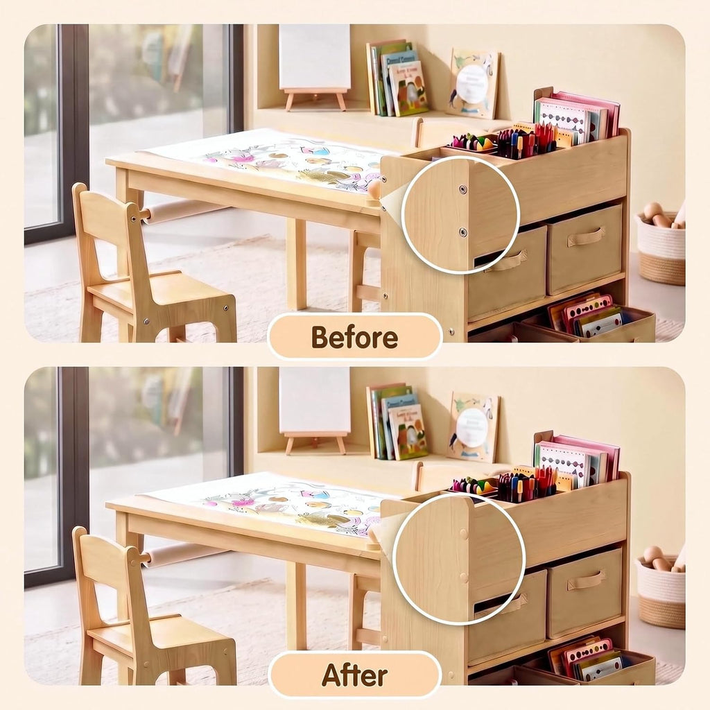 Kids Art Table & 2 Chairs Set, Wooden Activity Craft Desk w/ Paper Roll