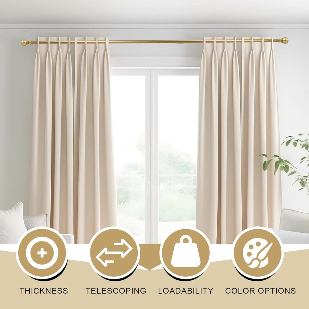 Curtain Rods - 1" Diameter, Standard Decorative Window Curtain Rod Set with Brackets - Gold