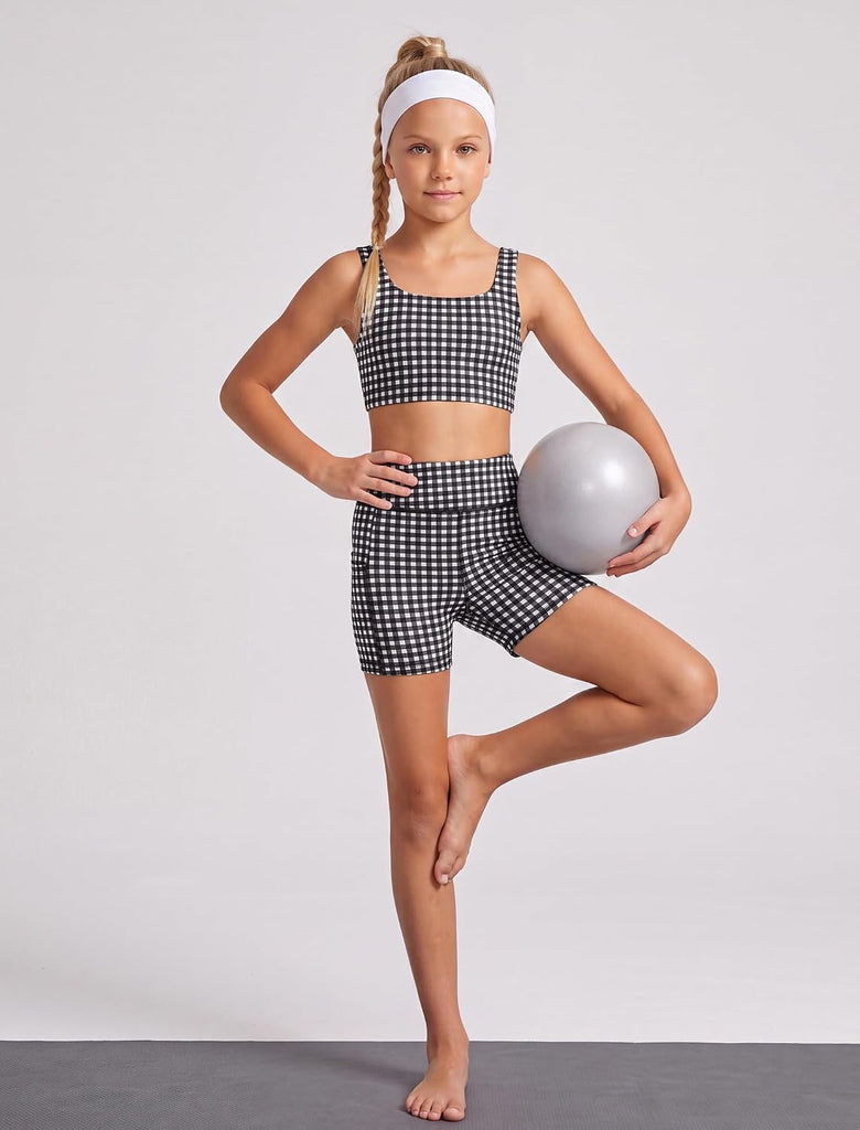 Girls Gingham Workout Set 2 Piece Athletic Dance Set for Kids Activewear