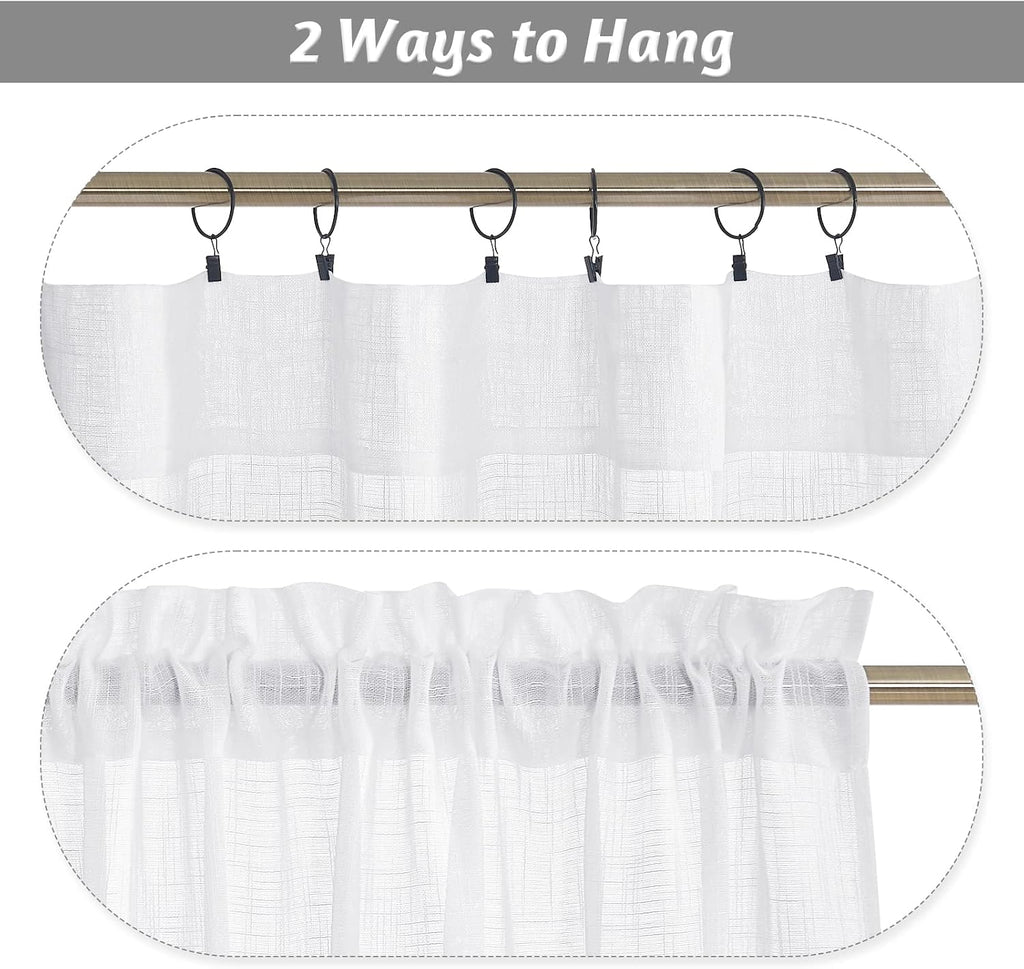 Short Kitchen Valances and Curtain Set, Privacy White Linen Swag Curtains, Semi Sheer Bathroom Tiers for Small
