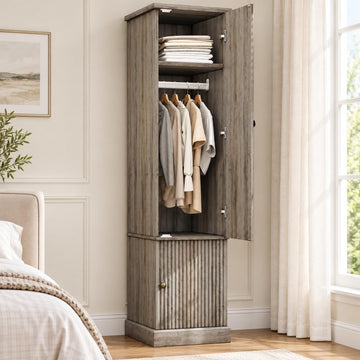 72" Tall Armoire Wardrobe Closet, Fluted Wood, Narrow, Retro Gray