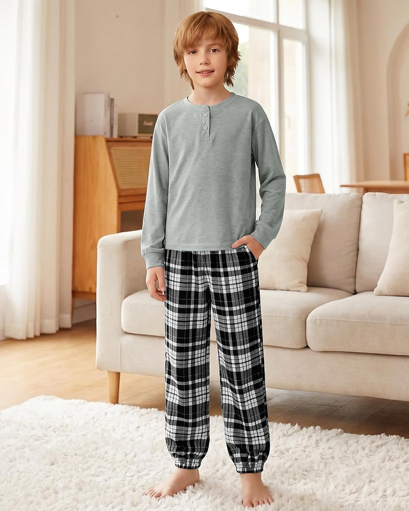 Boys Pajamas Plaid Pants Long Sleeve Henley 2 Piece Set Kids Sleepwear PJs Soft Loungewear for Boys