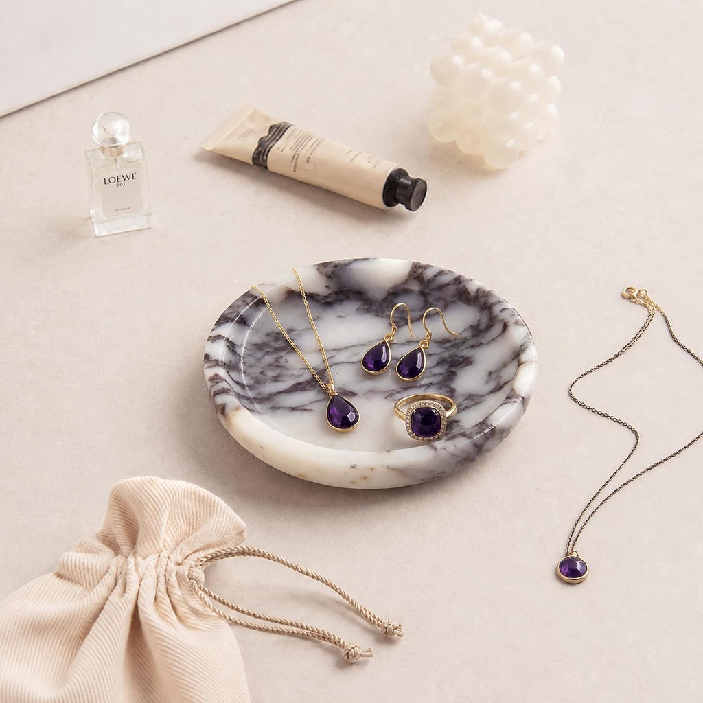 Small Natural Marble Jewelry Tray Key Plate Holder Dish Trinket Decor Catch All Bowl for Ring Earring Stone Gift