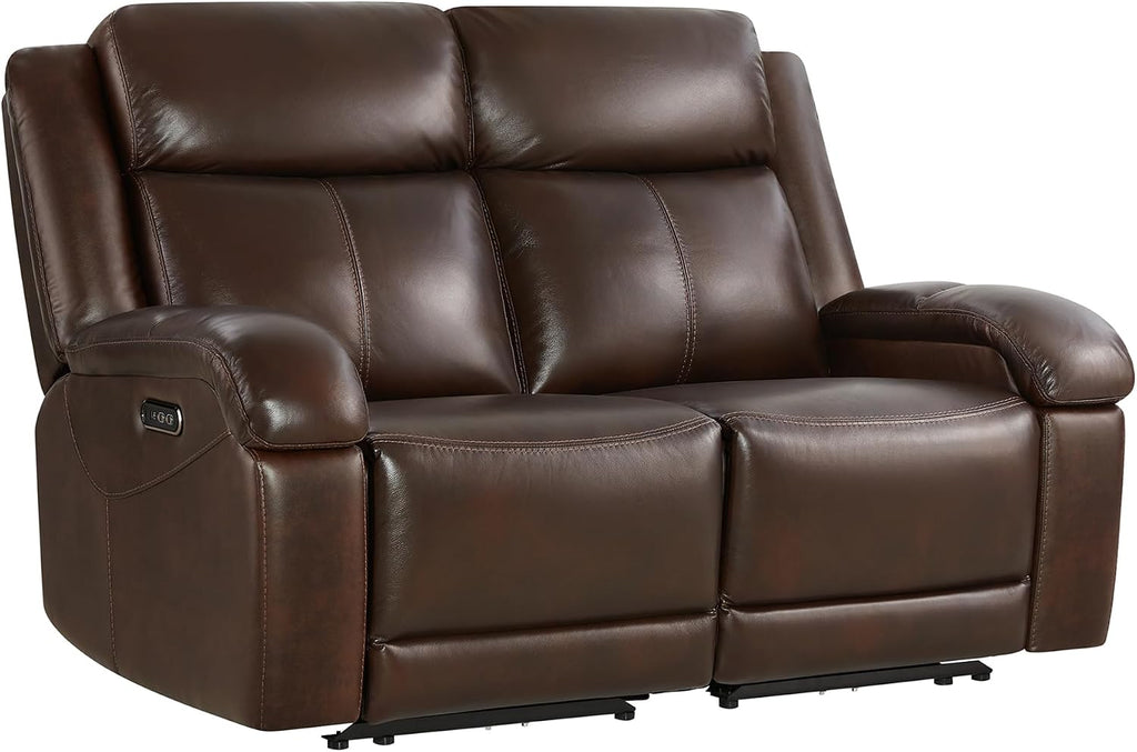Genuine Leather Power Loveseat Recliner Sofa, 2 Seat Wall Hugger Reclining Sofa with Power Headrest & Charging Ports