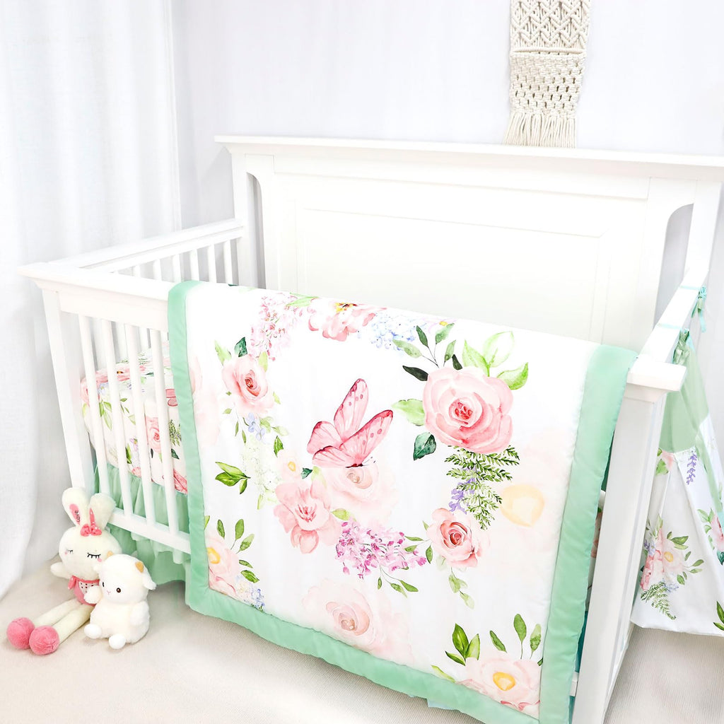 4 Piece Crib Bedding Set for Girls, Baby Girl Crib Bedding Set Butterflies Floral Nursery Bedding Set Includes