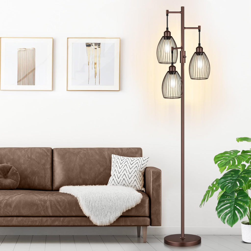 Dimmable Farmhouse Industrial Floor Lamp, Matte Brown Tree Standing Tall Lamps with 3 Elegant Teardrop Cage Head &