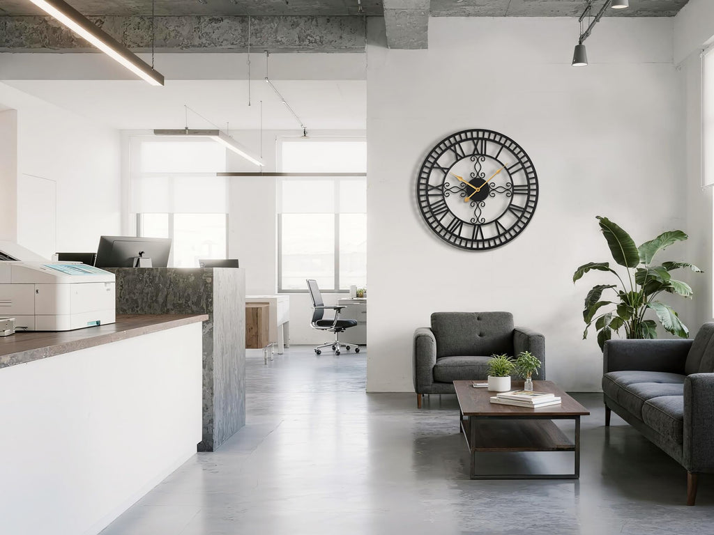 30" Large Wall Clock Decorative, Black Metal Roman Numeral Big Clock Completely Silent, Oversized Wall Clocks